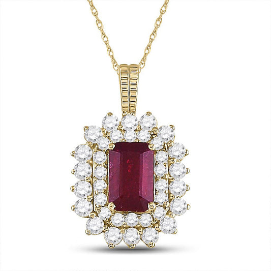 14K Yellow Gold Womens Emerald Ruby Diamond Halo Pendant 7/8 Cttw