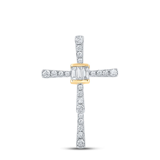 14K Yellow Gold Womens Baguette Round Diamond Cross Pendant 5/8 Cttw