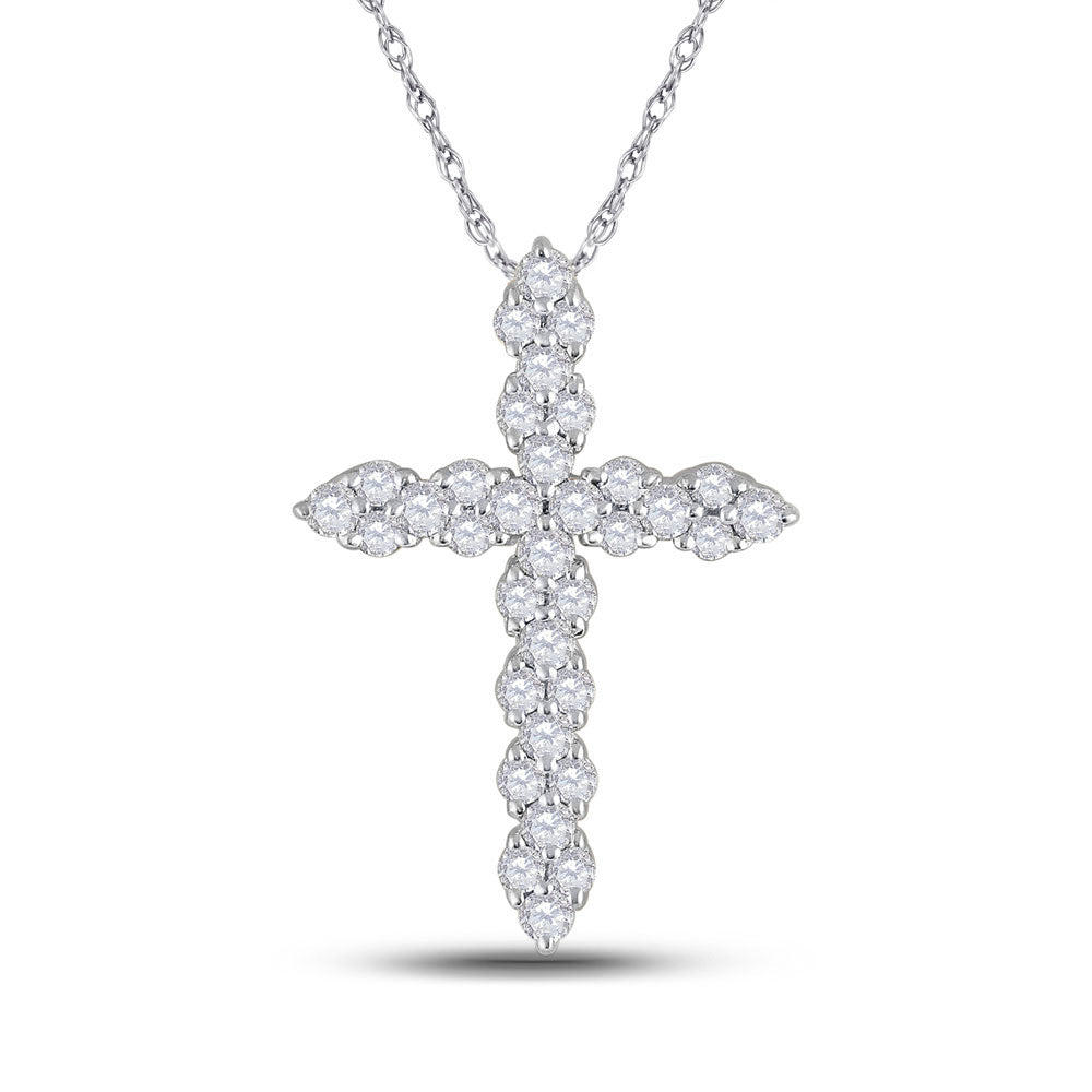 14K White Gold Womens Round Diamond Cross Pendant 1/2 Cttw