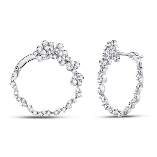 14K White Gold Womens Round Diamond Hoop Earrings 1-1/2 Cttw