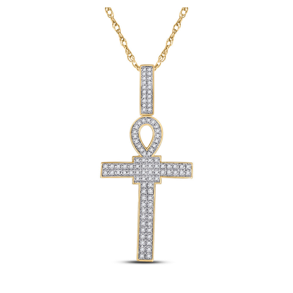10K Yellow Gold Mens Round Diamond Ankh Cross Charm Pendant 3/8 Cttw