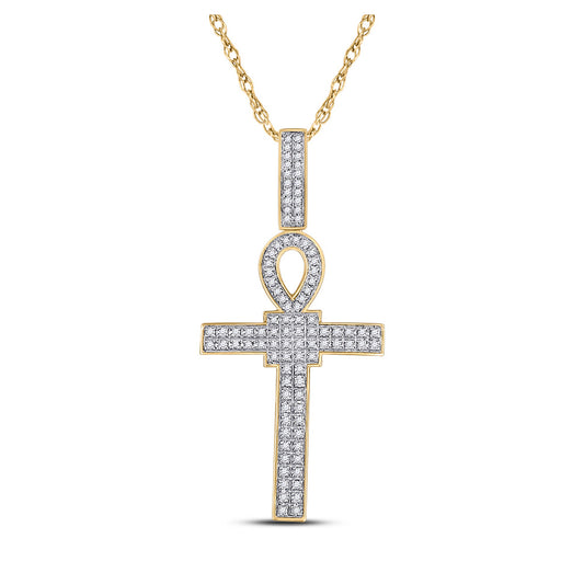 10K Yellow Gold Mens Round Diamond Ankh Cross Charm Pendant 3/8 Cttw