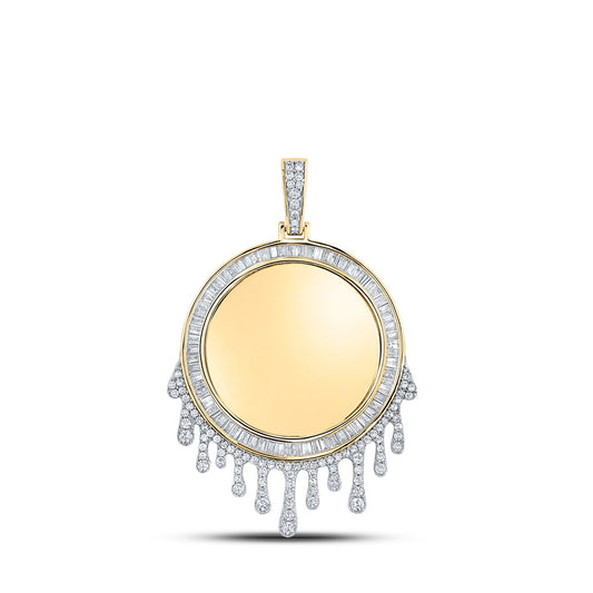 10K Yellow Gold Mens Baguette Diamond Dripping Circle Picture Memory Pendant 1-7/8 Cttw, Length: 2.95 In