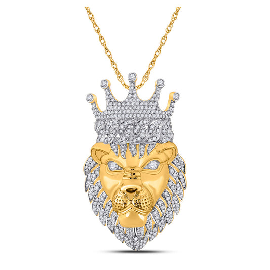 10K Yellow Gold Mens Round Diamond Lion Face Crown Charm Pendant 1-3/4 Cttw, Length: 2.11 In, Width: 1.22 In