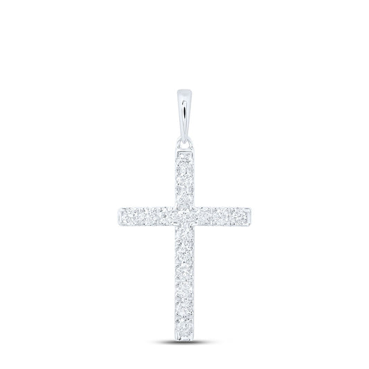 10K White Gold Womens Round Diamond Cross Pendant 1/3 Cttw