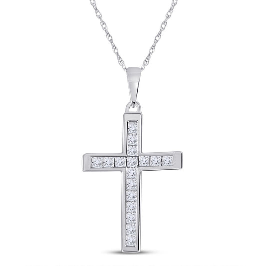 10K White Gold Womens Princess Diamond Cross Pendant 1/3 Cttw