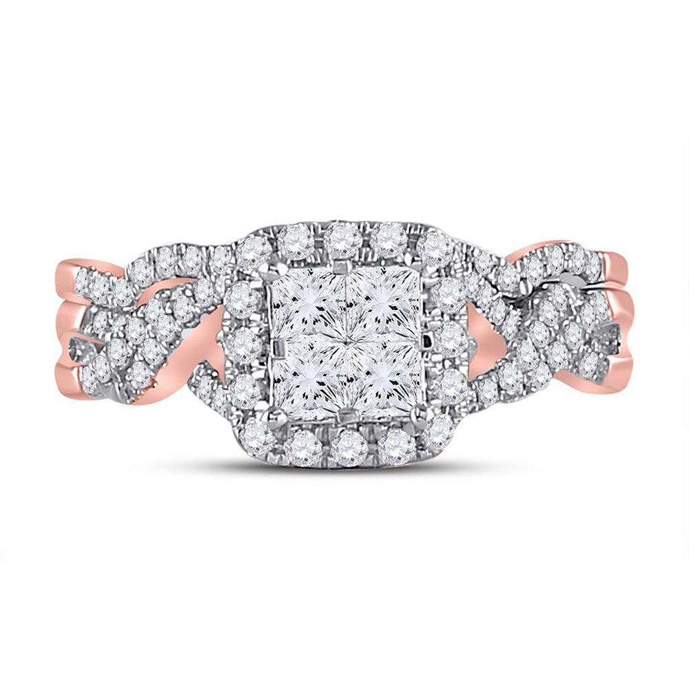 10K Rose Gold Princess Diamond Square Bridal Wedding Ring Band Set 1 Cttw, Womens Size: 5-10