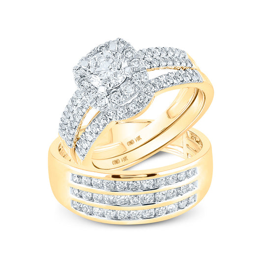 14K Yellow Gold His Hers Round Diamond Halo Matching Wedding Set 2 Cttw, Womens Size: 5-10, Mens Size: 7-13