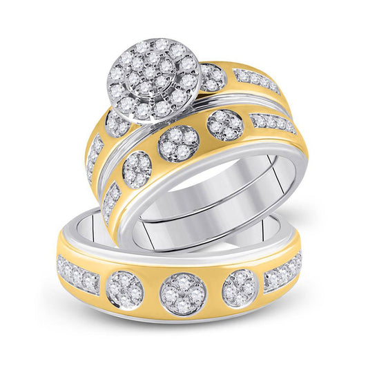 14K Two-tone Gold His Hers Round Diamond Cluster Matching Wedding Set 1 Cttw, Womens Size: 5-10, Mens Size: 7-13