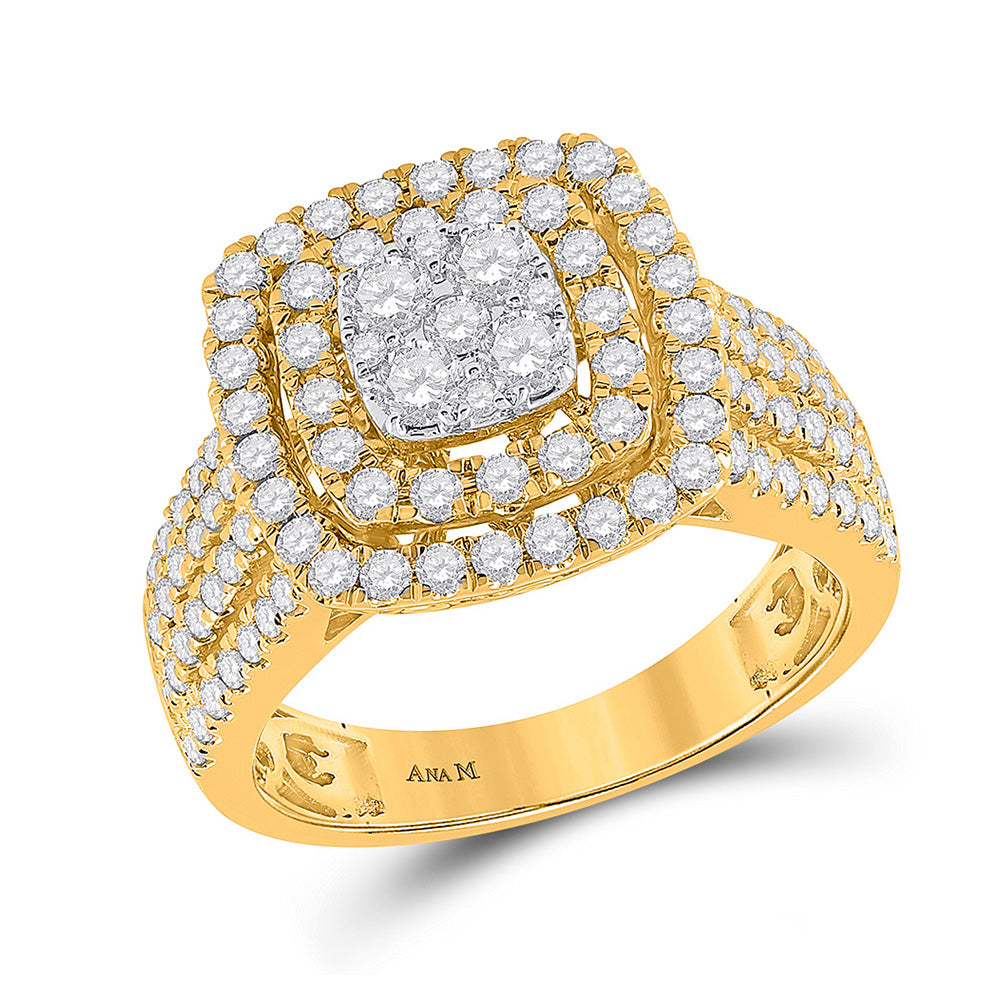 14K Yellow Gold  Womens Round Diamond Square Cluster Ring 1-1/2 Cttw, Womens Size: 5-10