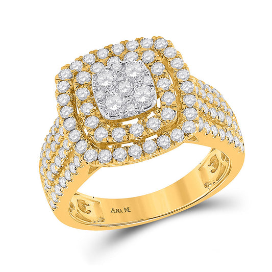 14K Yellow Gold  Womens Round Diamond Square Cluster Ring 1-1/2 Cttw, Womens Size: 5-10