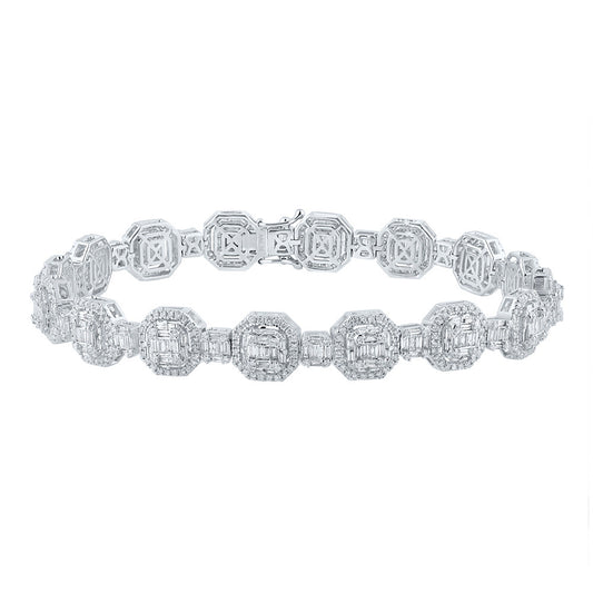 14K White Gold Mens Baguette Diamond Link Bracelet 6-1/4 Cttw