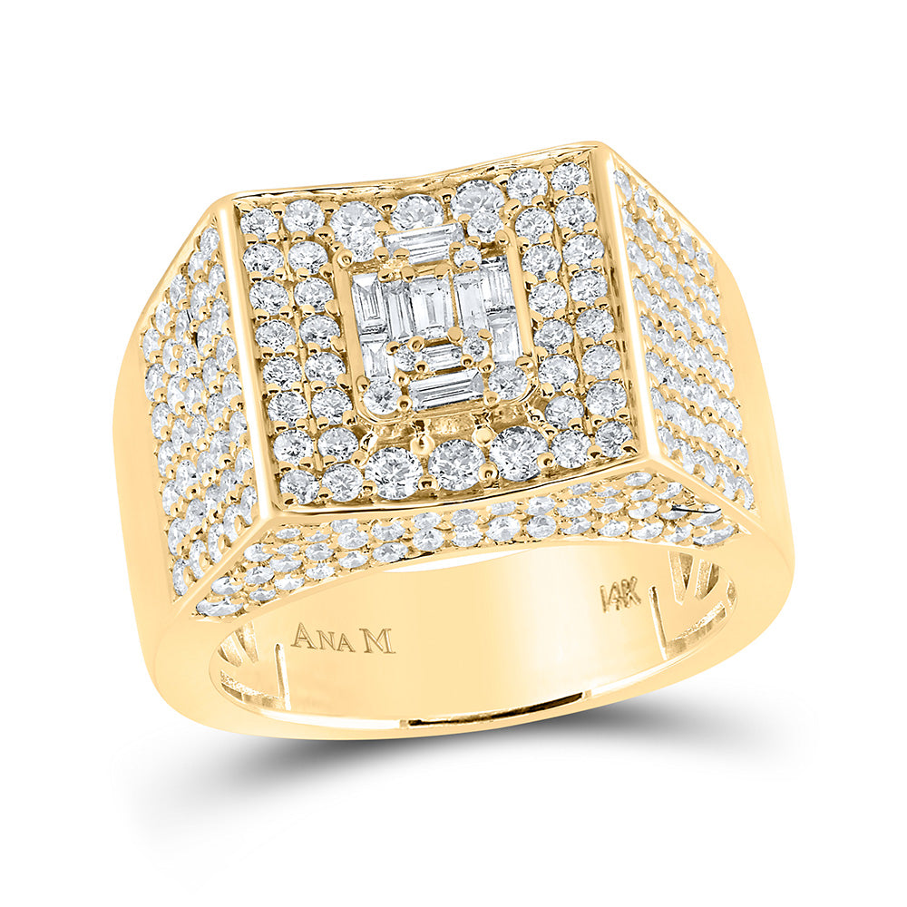 14K Yellow Gold Mens Baguette Diamond Square Ring 2-3/4 Cttw, Mens Size: 7-13