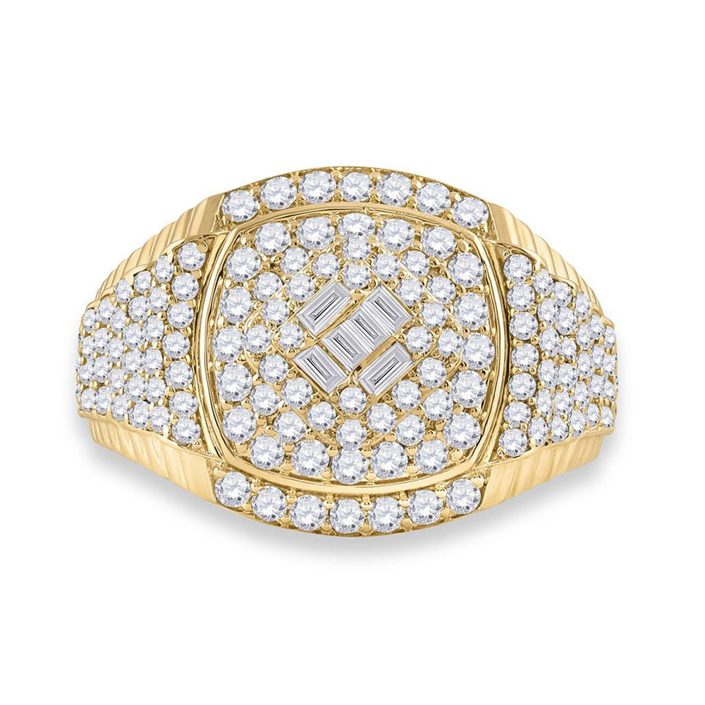 14K Yellow Gold Mens Baguette Diamond Cluster Ring 2-1/5 Cttw, Mens Size: 7-13
