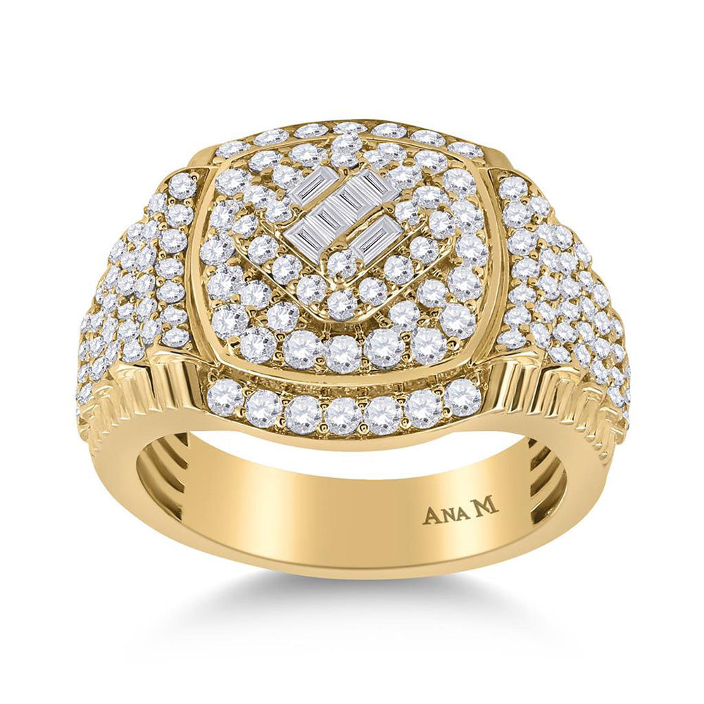 14K Yellow Gold Mens Baguette Diamond Cluster Ring 2-1/5 Cttw, Mens Size: 7-13
