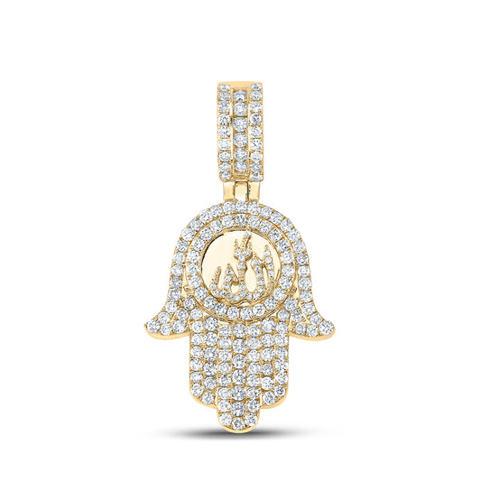 10K Yellow Gold Mens Round Diamond Hamsa Allah Charm Pendant 3 Cttw, Length: 1.91 In, Width: 1.04 In