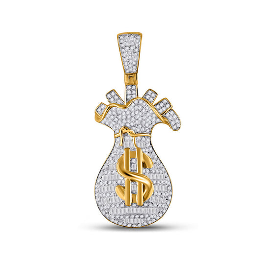 10K Yellow Gold Mens Round Diamond Money Bag Charm Pendant 1-1/4 Cttw