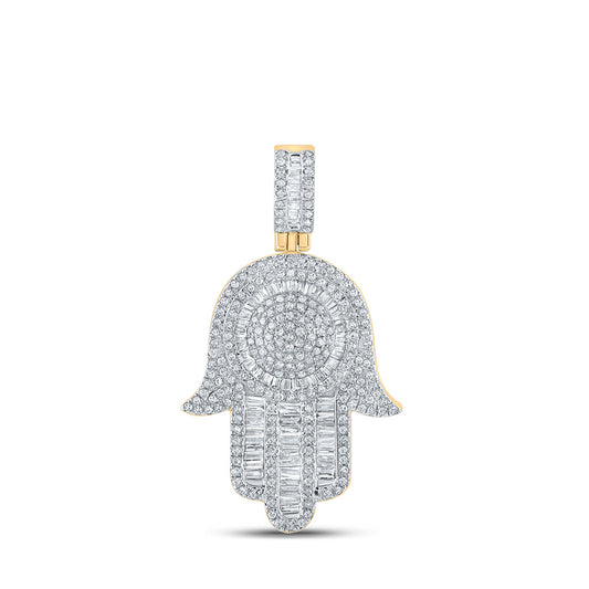 10K Yellow Gold Mens Baguette Diamond Hamsa Charm Pendant 1 Cttw, Length: 1.47 In, Width: 0.85 In