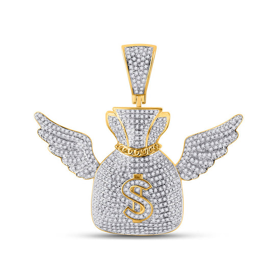 10K Yellow Gold Mens Round Diamond Money Bag Wings Charm Pendant 1-1/2 Cttw