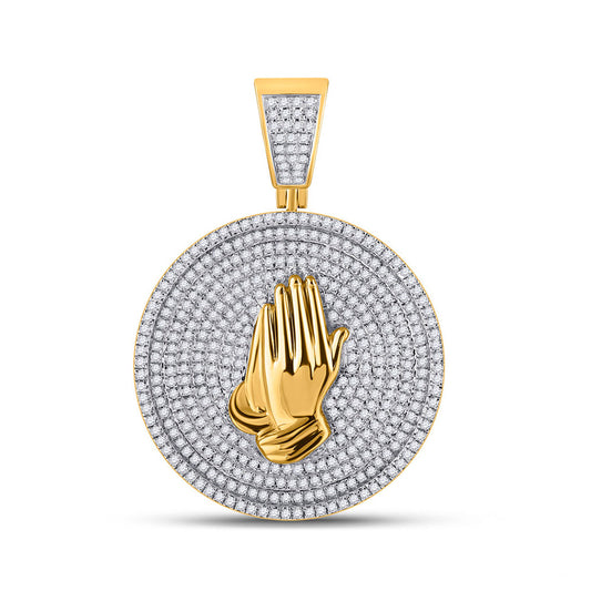 10K Yellow Gold Mens Round Diamond Praying Hands Circle Charm Pendant 1 Cttw, Length: 1.56 In, Width: 1.1 In
