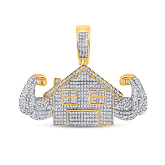 10K Yellow Gold Mens Round Diamond Flex Trap House Charm Pendant 1-1/2 Cttw