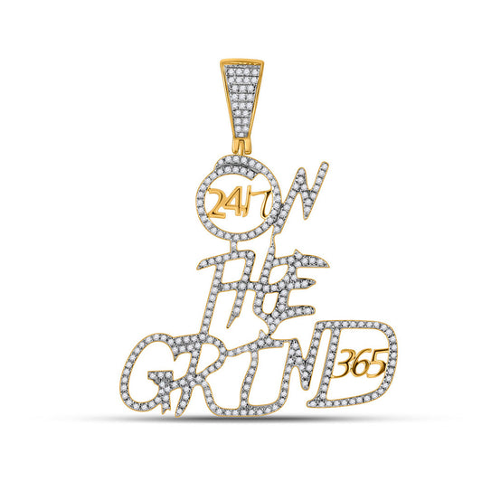 10K Yellow Gold Mens Round Diamond On The Grind Phrase Charm Pendant 3/4 Cttw, Length: 1.88 In, Width: 1.47 In