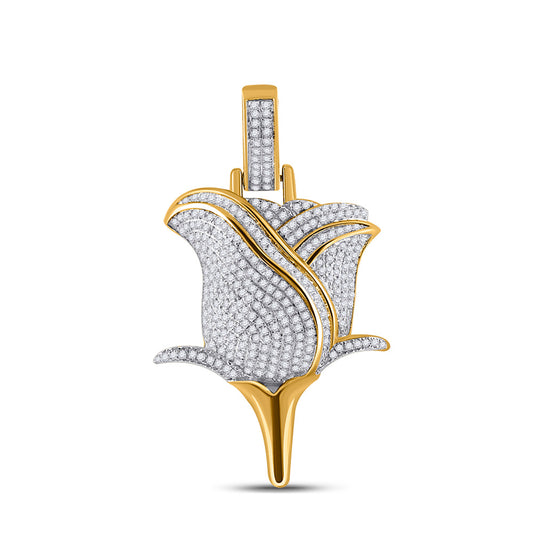 10K Yellow Gold Mens Round Diamond Rose Charm Pendant 7/8 Cttw