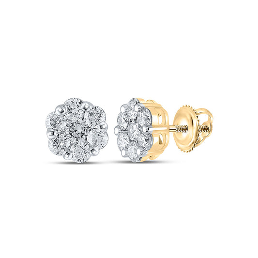 14K Yellow Gold Womens Round Diamond Flower Cluster Earrings 1-3/4 Cttw