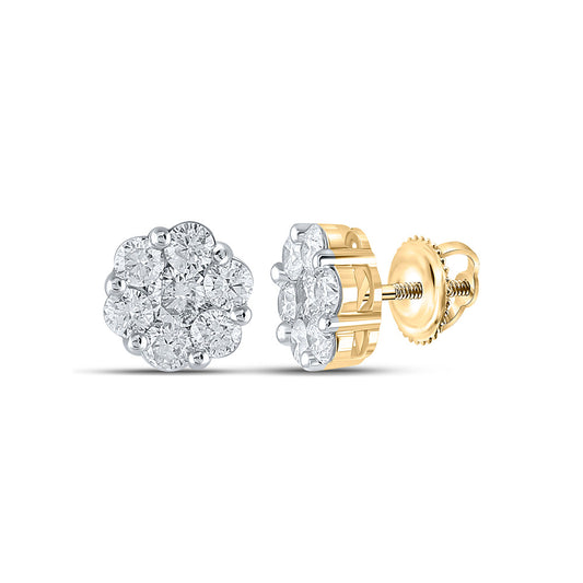 14K Yellow Gold Womens Round Diamond Flower Cluster Earrings 2 Cttw