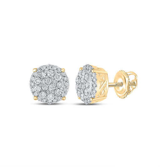 14K Yellow Gold Womens Round Diamond Cluster Earrings 1 Cttw, Length: 0.36 In, Width: 0.39 In