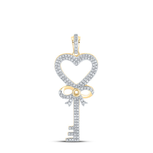 10K Yellow Gold Womens Round Diamond Heart Key Pendant 1/2 Cttw