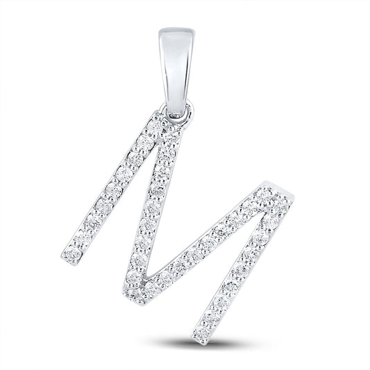 10K White Gold Womens Round Diamond M Initial Letter Pendant 1/4 Cttw, Length: 0.8 In, Width: 0.46 In