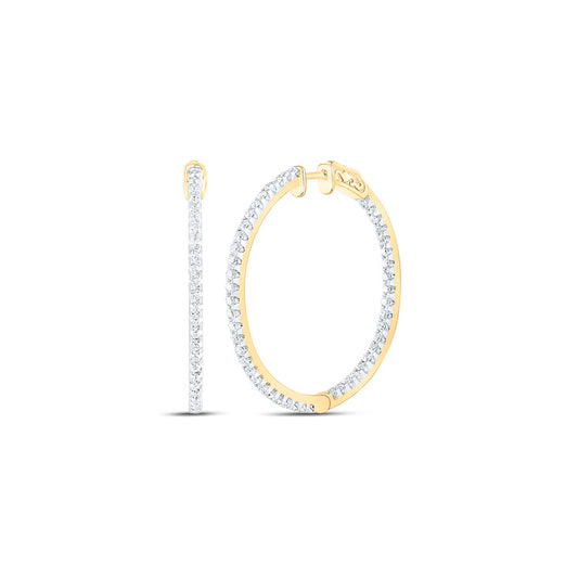 14K Yellow Gold Womens Round Diamond Inside Outside Hoop Earrings 1-1/2 Cttw, Length: 1.44 In