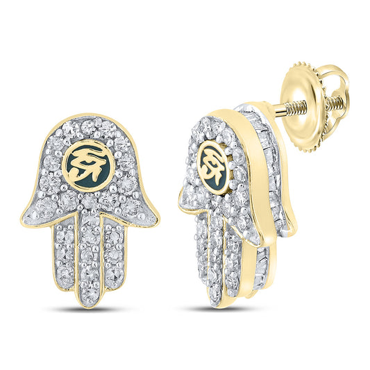 10K Yellow Gold Baguette Diamond Hamsa Eye of Ra Earrings 5/8 Cttw