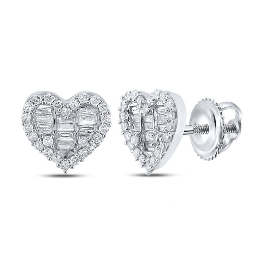 10K White Or Yellow Gold Womens Baguette Diamond Heart Earrings