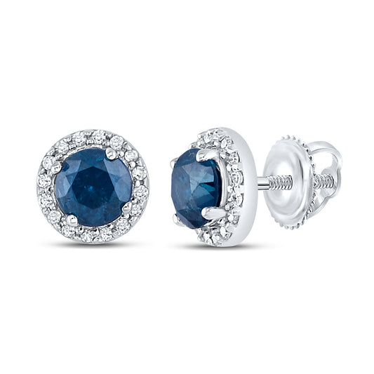 10K Yellow Or White Gold  Womens Round Blue Color Enhanced Diamond Halo Earrings 7/8 Cttw