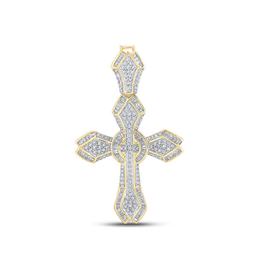 10K Yellow Gold Mens Baguette Diamond Cross Charm Pendant 1-5/8 Cttw, Length: 2 In, Width: 1.25 In