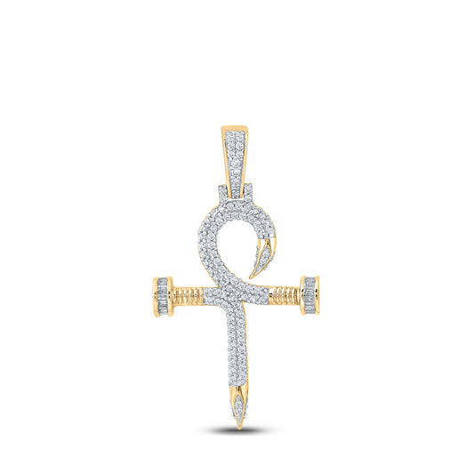 10K Yellow Gold Mens Baguette Diamond Nail Cross Ankh Charm Pendant 3/4 Cttw