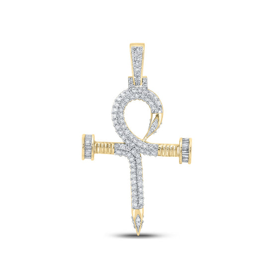 10K Yellow Gold Mens Baguette Diamond Ankh Nail Cross Charm Pendant 1 Cttw
