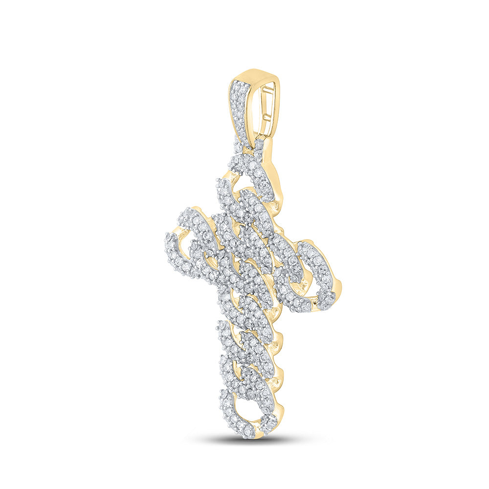10K Yellow Gold Mens Round Diamond Cuban Link Cross Charm Pendant 1-7/8 Cttw