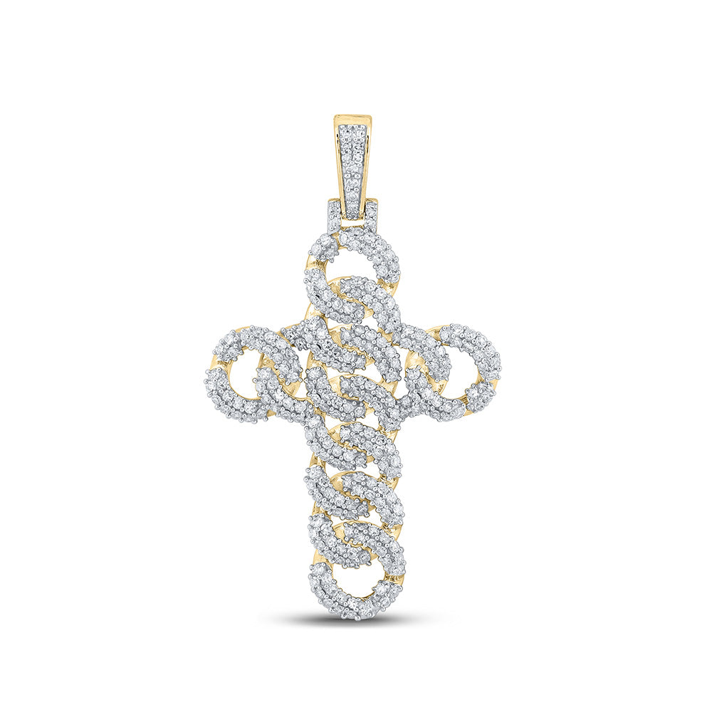 10K Yellow Gold Mens Round Diamond Cuban Link Cross Charm Pendant 1-7/8 Cttw