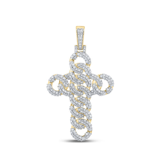10K Yellow Gold Mens Round Diamond Cuban Link Cross Charm Pendant 1-7/8 Cttw