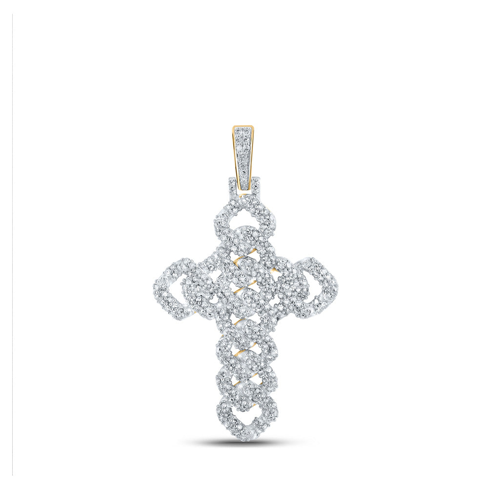 10K Yellow Gold Mens Round Diamond Cuban Link Cross Charm Pendant 1-3/4 Cttw