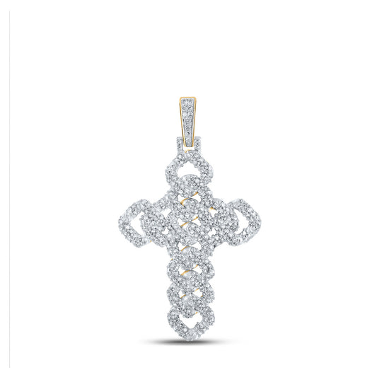 10K Yellow Gold Mens Round Diamond Cuban Link Cross Charm Pendant 1-3/4 Cttw