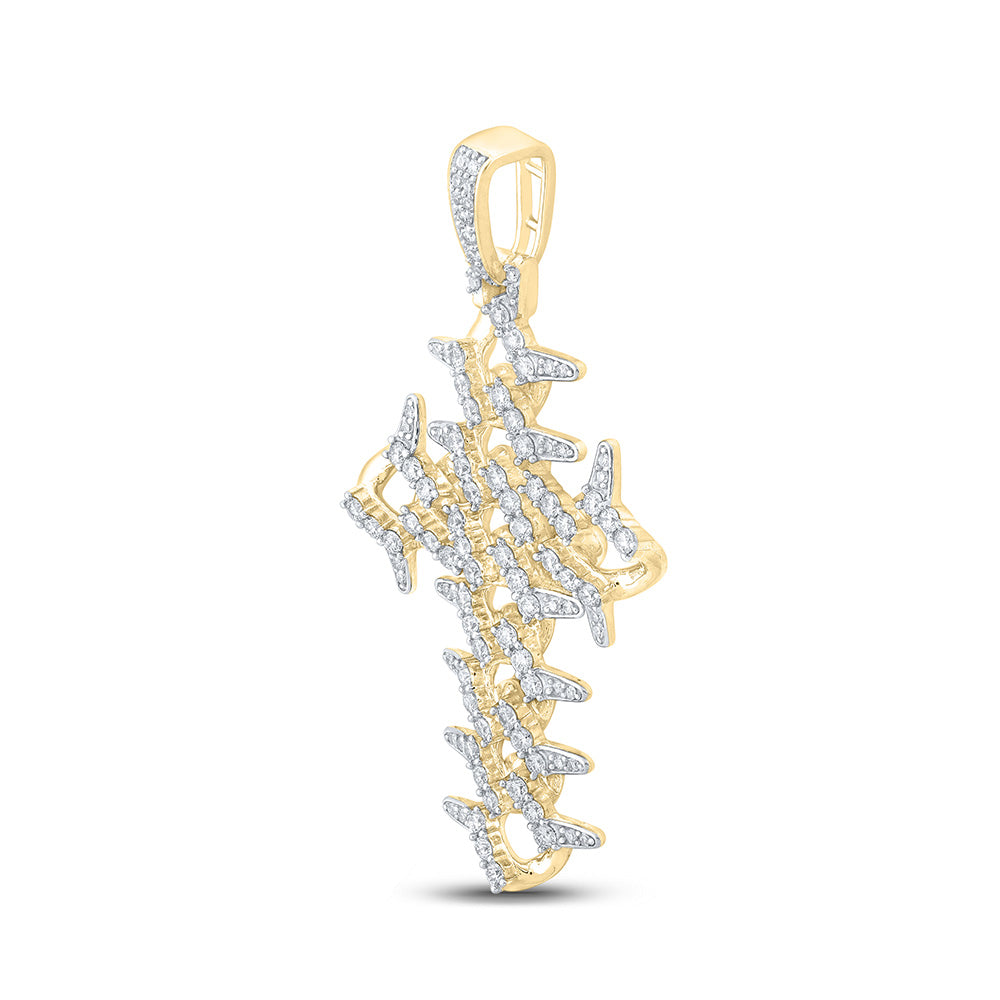 10K Yellow Gold Mens Round Diamond Cuban Link Cross Charm Pendant 1-1/2 Cttw