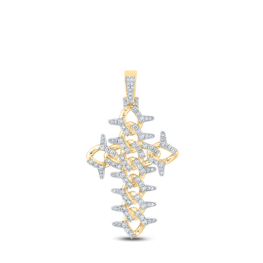 10K Yellow Gold Mens Round Diamond Cuban Link Cross Charm Pendant 1-1/2 Cttw
