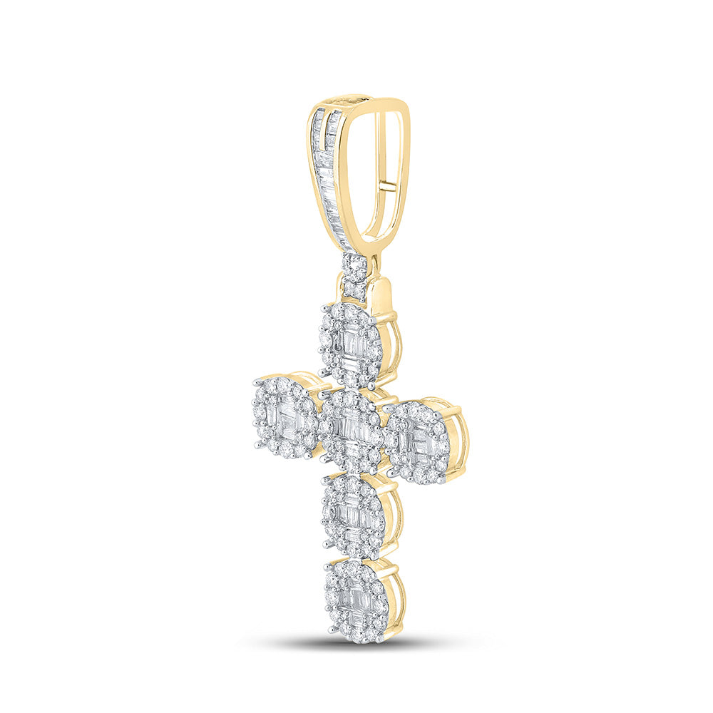 10K Yellow Gold Mens Baguette Diamond Cross Charm Pendant 1-3/4 Cttw
