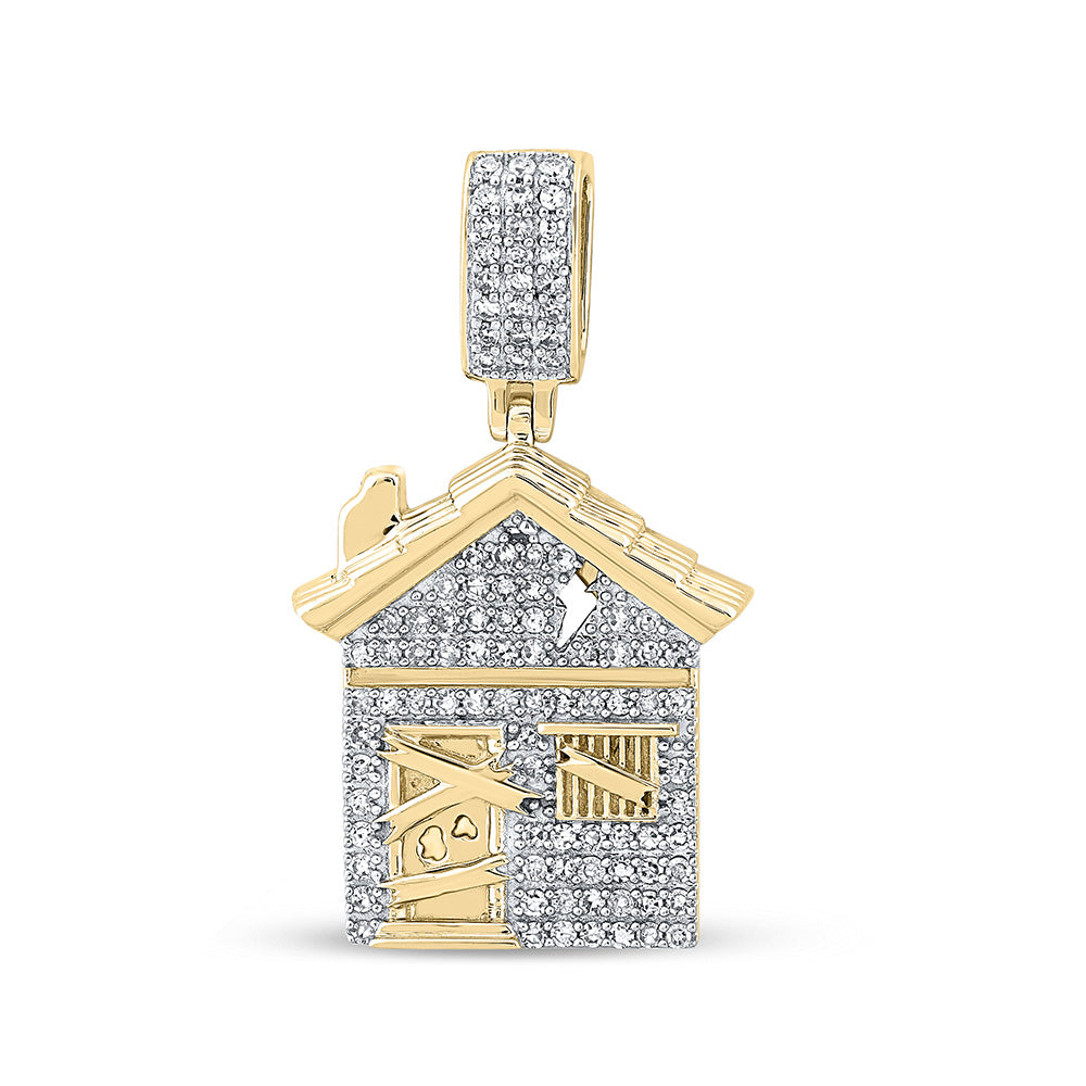 10K Yellow Gold Mens Round Diamond Trap House Charm Pendant 1/2 Cttw