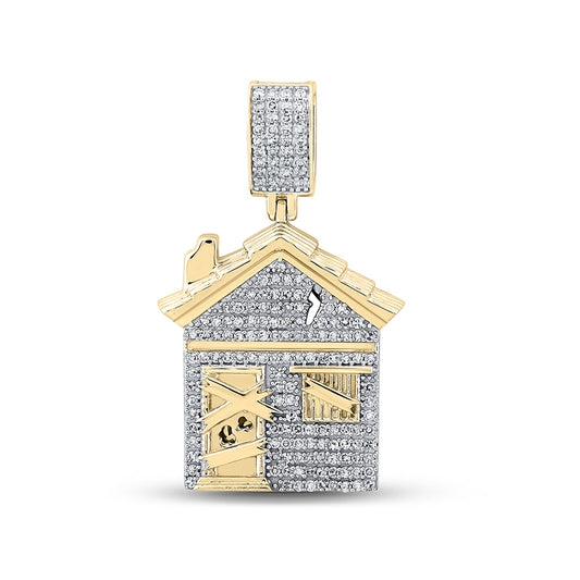 10K Yellow Gold Mens Round Diamond Trap House Charm Pendant 3/4 Cttw, Length: 1.5 In, Width: 0.92 In