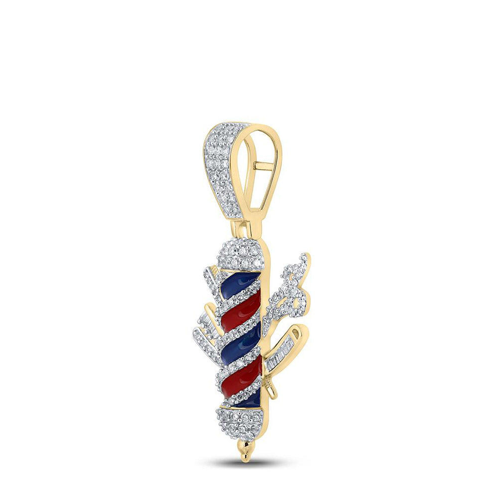 10K Yellow Gold Mens Baguette Diamond Barber Pole Charm Pendant 7/8 Cttw